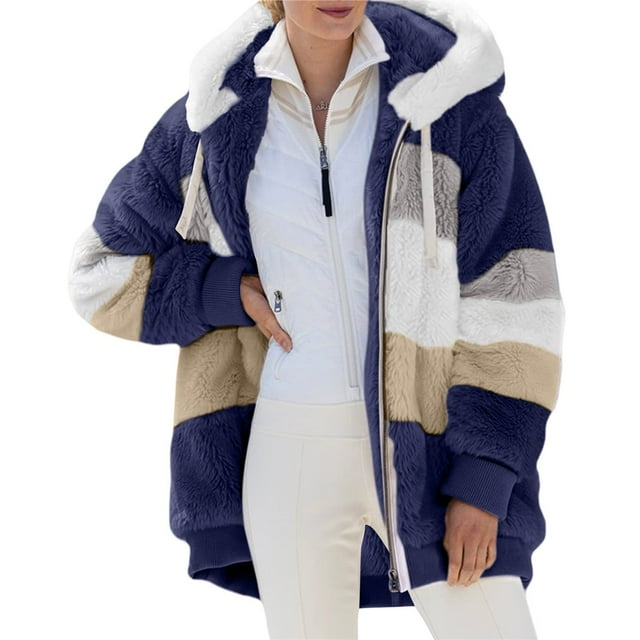 Womens Winter Fuzzy Fleece Jacket Hooded Color Block Patchwork Cardigan Coats Outerwear with Pockets Dark Blue XL
