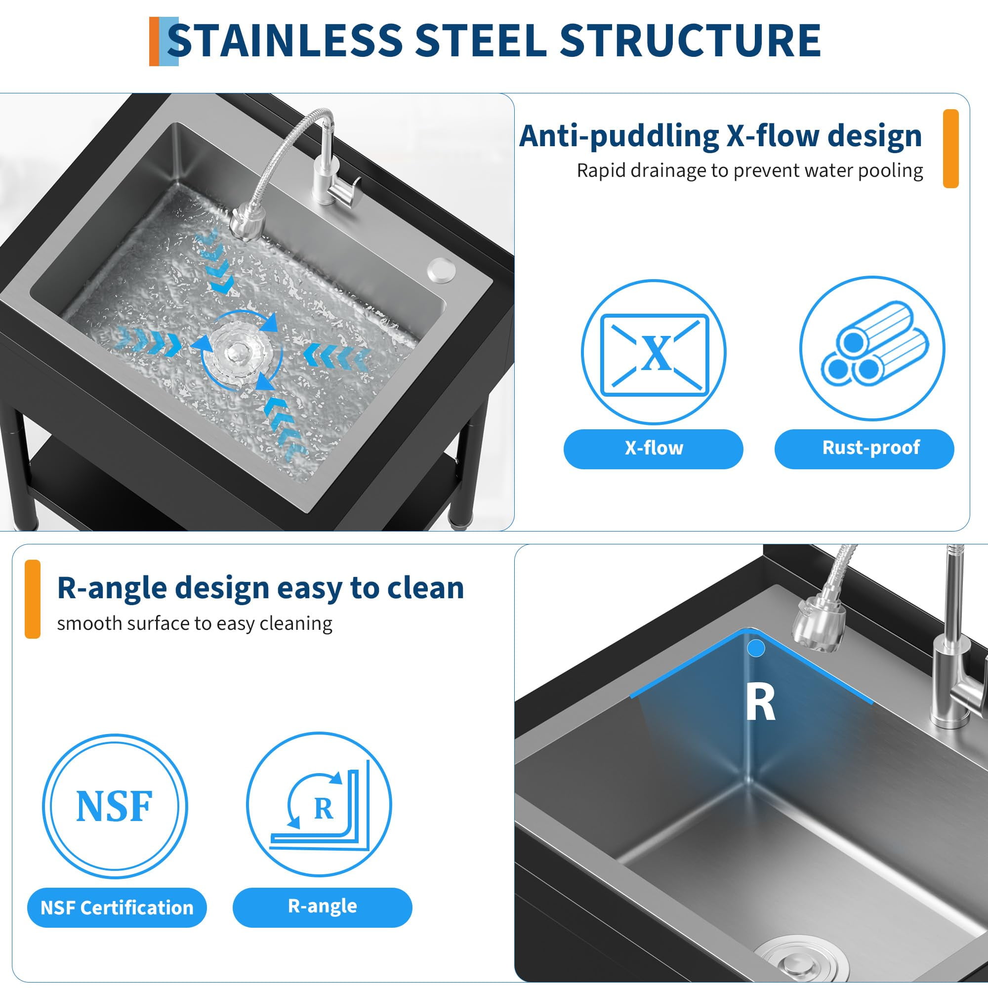 Freestanding Commercial Stainless Steel Utility Sink 26" Single Bowl with Black Powder Coated Finish, Hot & Cold 360° Swivel Faucet Garage, Outdoor