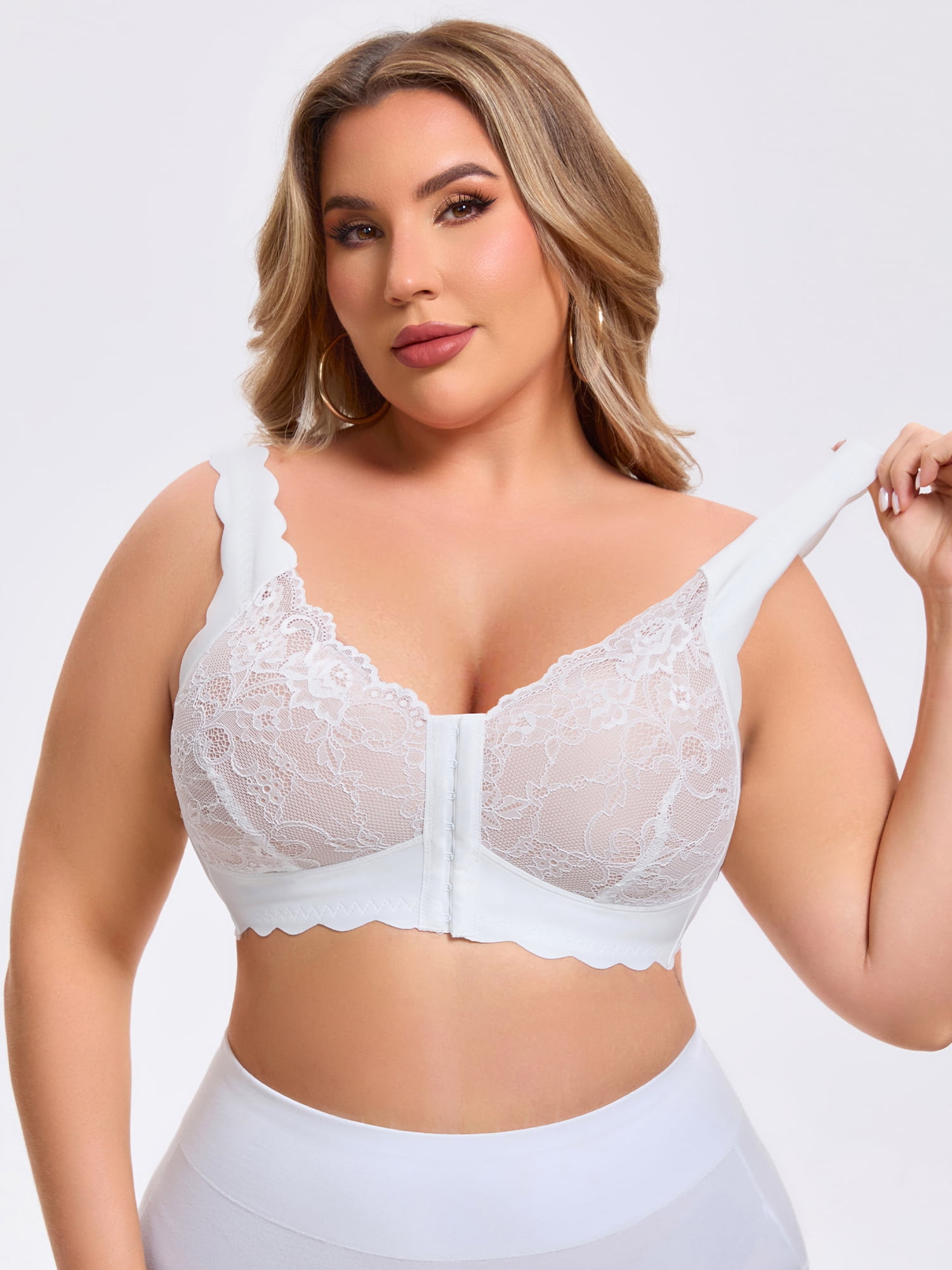 DARING DIVA Women's Front Closure Lace Bra Deep U Wire-Free Floral Bralette C 40 White