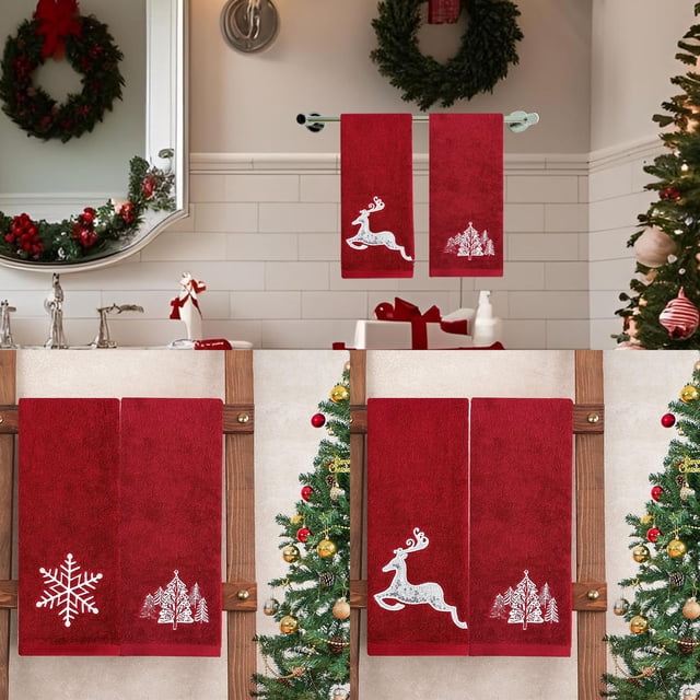 Serviettes à Main de Noël, Lot de 2 - Serviettes de Bain Rouges Brodées avec Orignal et Flocon de Neige pour la Déco de Salle de Bain