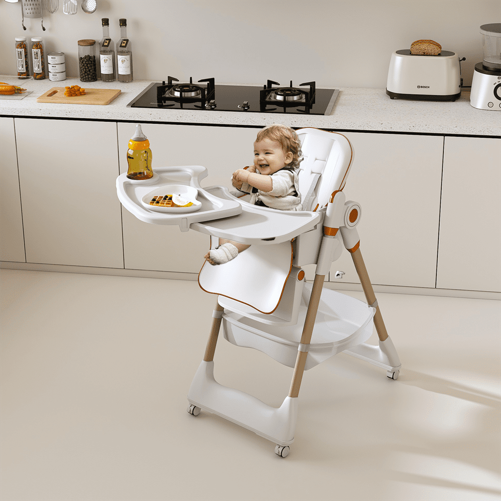 WARMMUSE Baby High Chair, Foldable Baby High Chairs with 5-Level Height & Recline, BPA-Free Tray & Safety Harness, PU Cushion & Removable Tray, White