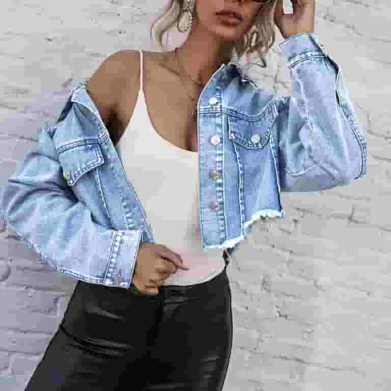 ジャケット Cropped Denim Jacket Mnjin Single Cropped Denim Jacket For Women Frayed Hem Long