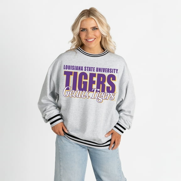 Women's Gameday Couture Gray LSU Tigers Oversized Showdown Ringer Stripe Sweatshirt