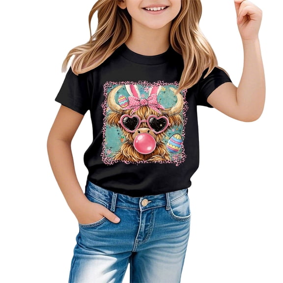 WOYY Girls Easter Cute Graphic Tee Short Sleeve Crew Neck T-Shirt Top for Kids, Sizes 1-13