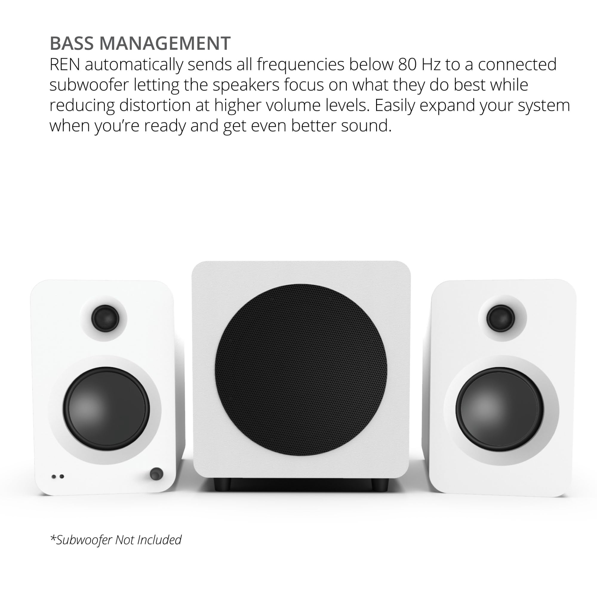 Kanto REN MW Bluetooth Powered Bookshelf Speakers - Matte White Pair with a Kanto SUB8VMB Sealed Powered 8" Subwoofer - Vinyl Black (2024)