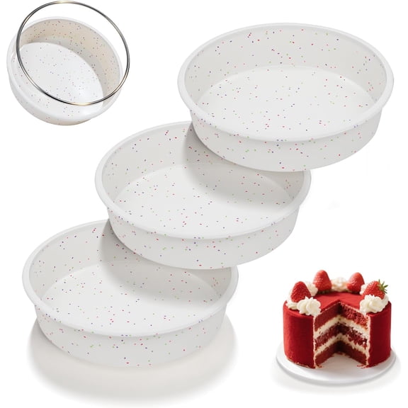 8 Inch Silicone Round Cake Pan with Metal Reinforced Frame Set of 3, Nonstick Silicone Cake Mold for Baking Suitable for Making Layers, Cheese & Chocolate Cakes