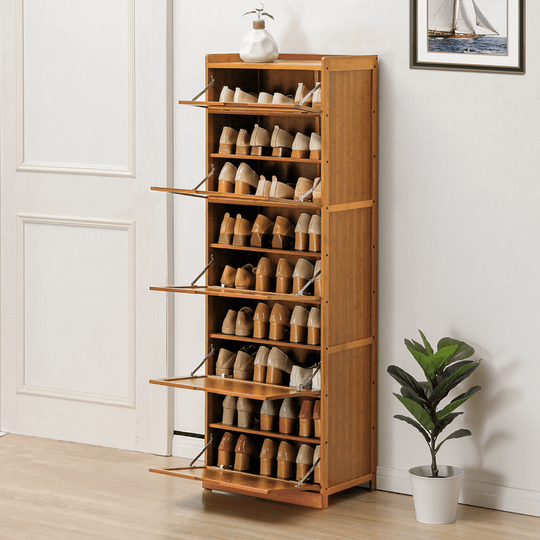 18.9 in. H 15-Pair 4-Tier Brown Wood Shoe Rack