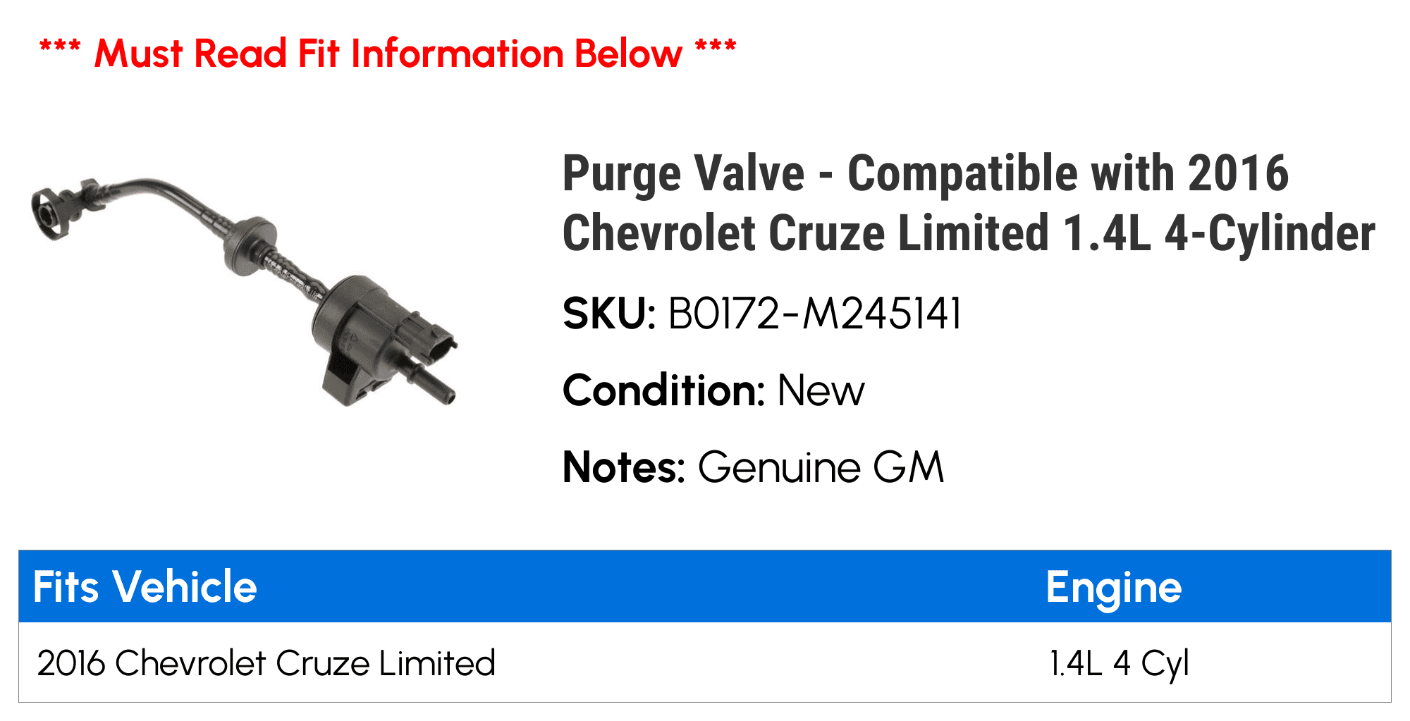 Purge Valve - Compatible with 2016 Chevrolet Cruze Limited 1.4L 4-Cylinder - AC Delco