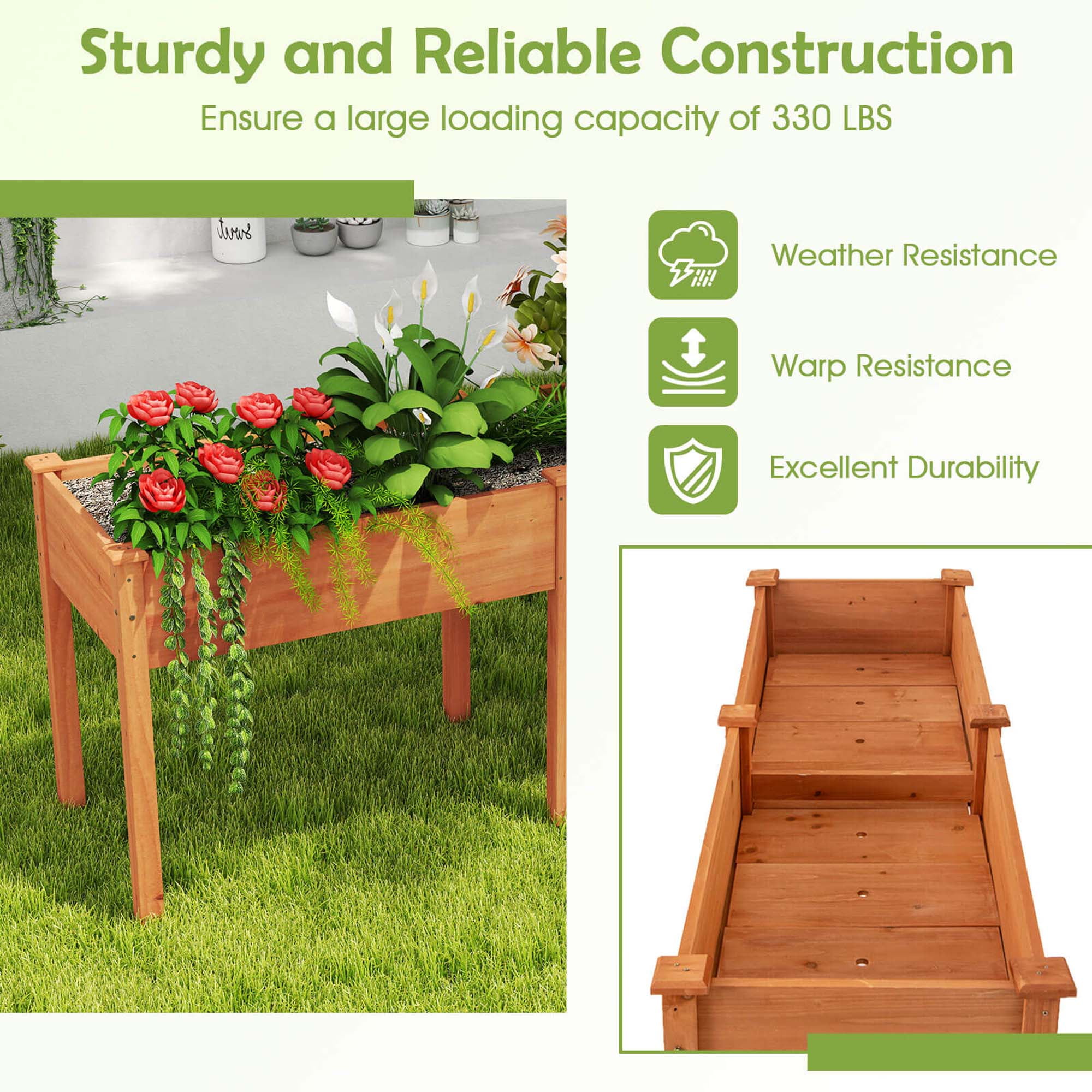 Costway Outdoor Raised Garden Bed with Legs 73x23x30in Wood Planter Box with Divider Panel Brown