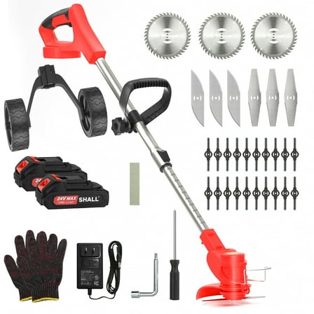 SHALL 24V Cordless Grass Trimmer, 4-in-1 Electric Weed Wacker, 2 x 2.0Ah Battery Powered Weed Eater, Telescopic Brush Cutter with 3 Types Blades & Wheels for Garden