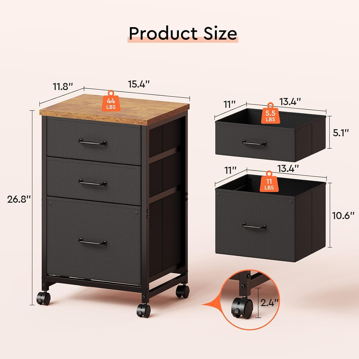 3 Drawer Mobile File Cabinet with Wheels Fabric Vertical Filing Cabinet fits A4 or Letter Size for Home Office,Rustic Brown