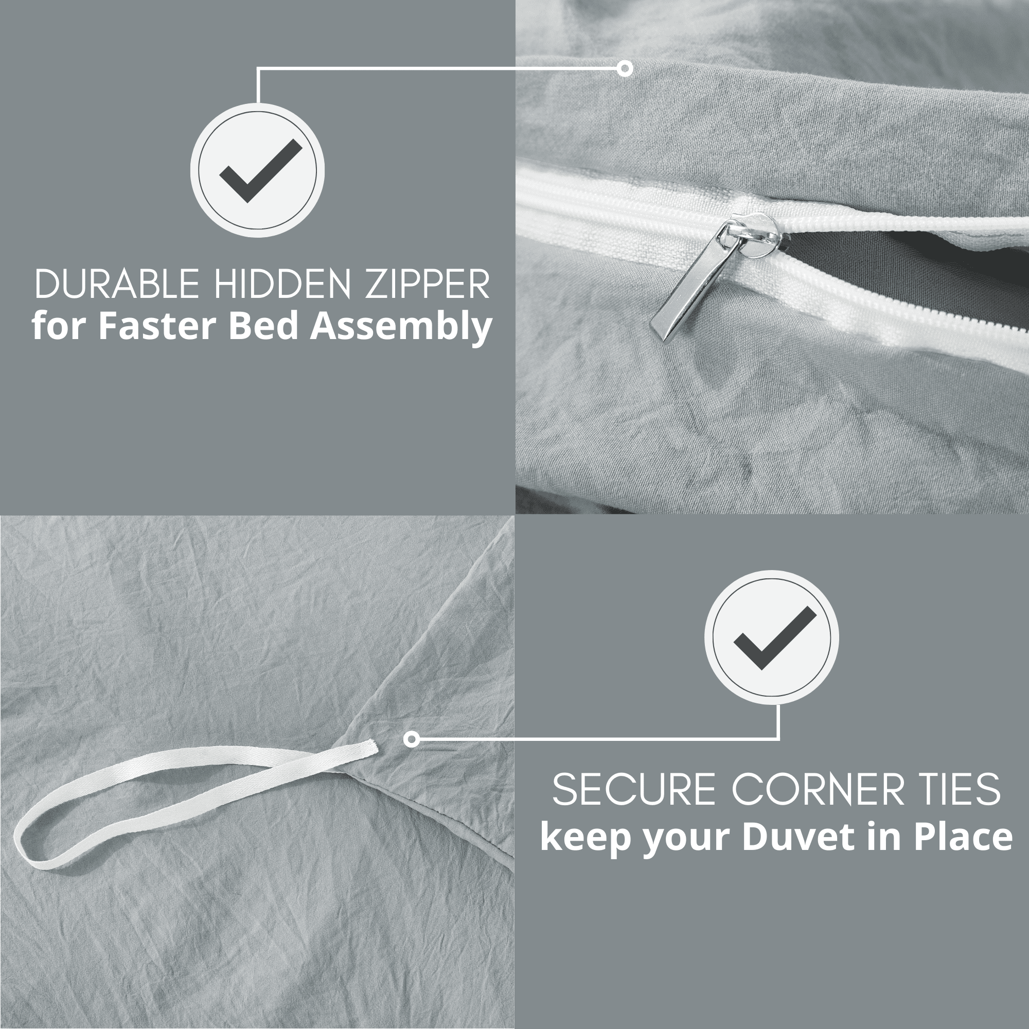 Alazuria Duvet Cover Set Soft Wrinkled Microfiber with zipper and 4 corner ties Light Grey color Queen size ( 90" x 90" )