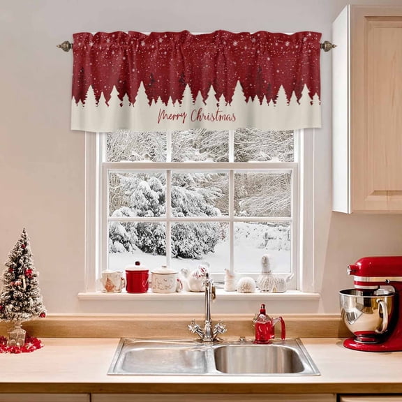 Kitchen Valances for Window, Merry Christmas Tree Silhouette on Retro Red Light Filtering Rod Pocket Valance Curtain, Winter White Snowflake Short Curtains Window Topper for Bedroom 54x18in