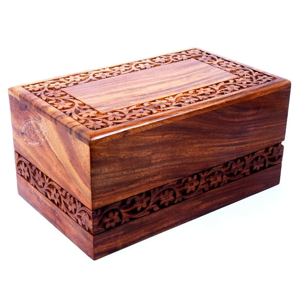 Handmade & Handcrafted Rosewood Borders Engraving Wooden Cremation Box/Urns for Human Ashes Adult, Funeral Urn Box (X-tra Large : 11" x 7.25" x 4.5" - 260lbs or 118kg, Natural)