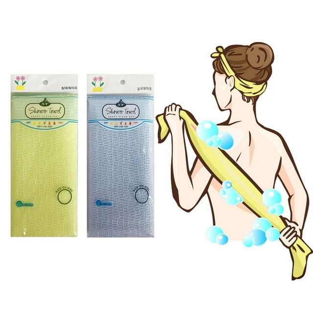Toalla exfoliante de primera calidad (2 colores, amarillo y azul) Esponja de baño de lufa coreana Esponja de baño larga para la espalda Esponja de baño africana Red larga africana para ducha / Se vuel