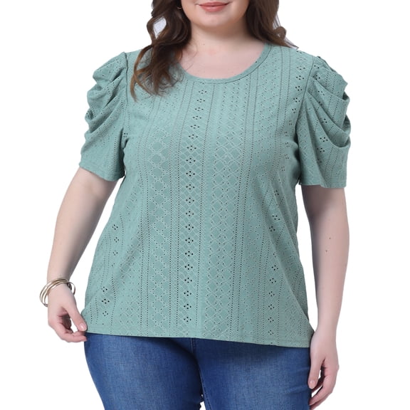 DARING DIVA Women's Plus Eyelet Embroidery Puff Sleeve Crew Neck Blouse 1X Green