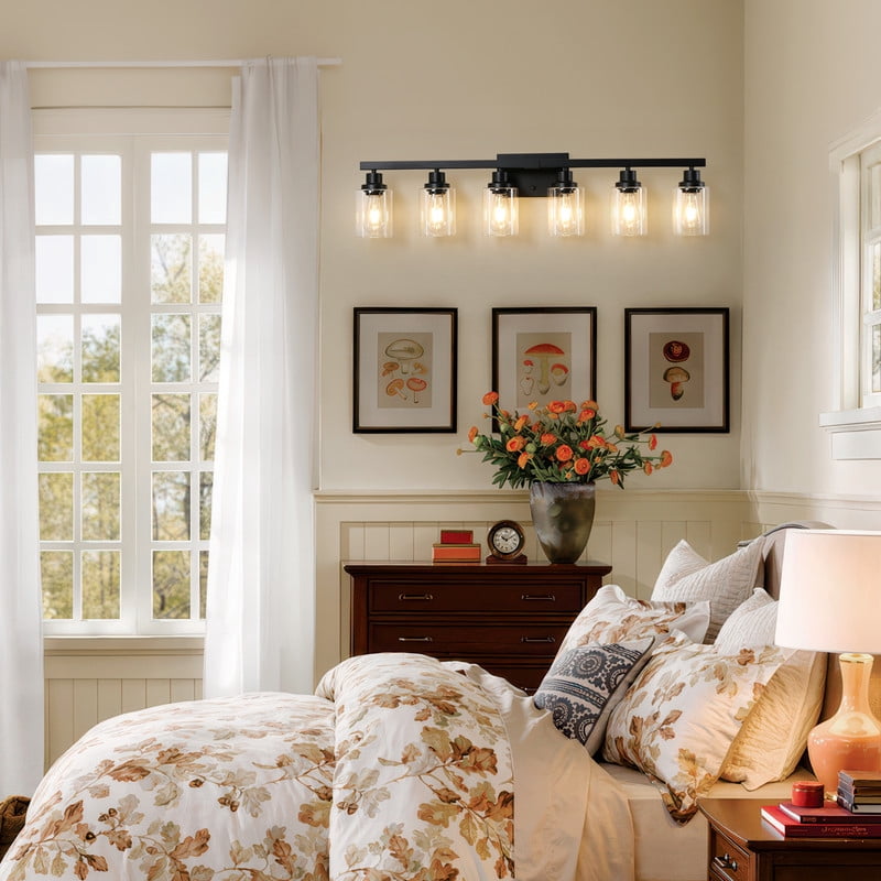 HKMGT 6-Light Bathroom Vanity Light, Black Wall Sconce with Clear Glass Shade E26 Base, Anti-Rust Up/Down Mount for Bathroom, Bedroom
