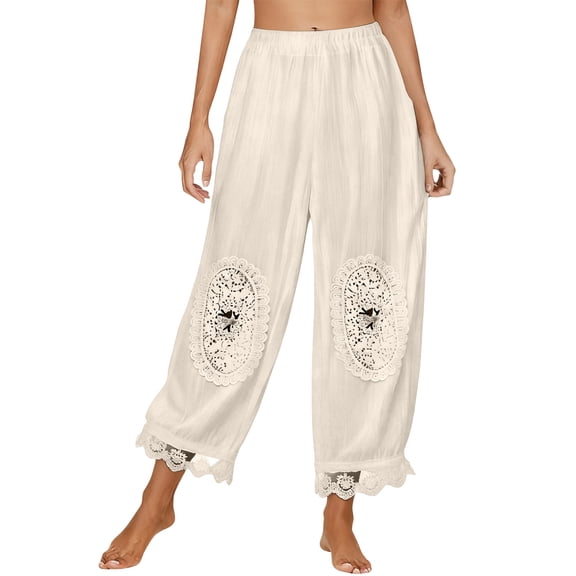 Women's High Waist Lace Patchwork Boho Pants Elastic Waist Loose Casual Cropped Harem Trousers