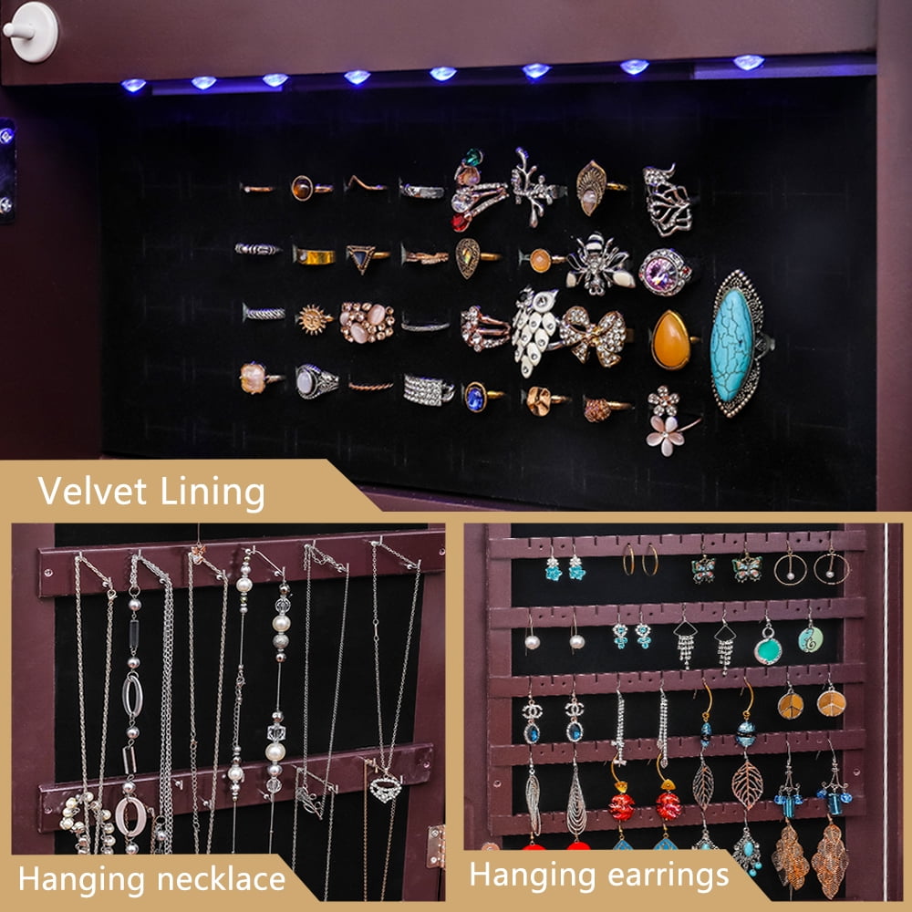 Kepooman Full Mirror Wooden Wall Mounted 4-Layer Shelf 2 Drawers With Inner Mirror 8 Blue Led Light Jewelry Storage Mirror Cabinet - Dark Brown Kepooman Full Mirror Wooden Wall Mounted 4-Layer Shelf 2 Drawers With Inner Mirror 8 Blue Led Light Jewelry Storage Mirror Cabinet - Dark Brown