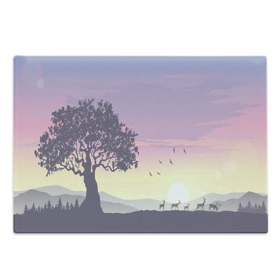 Tree Cutting Board, Dreamlike View on a Big Tree and Mountains and a Herd of Deer During Dawn, Decorative Tempered Glass Cutting and Serving Board, in 3 Sizes, by Ambesonne