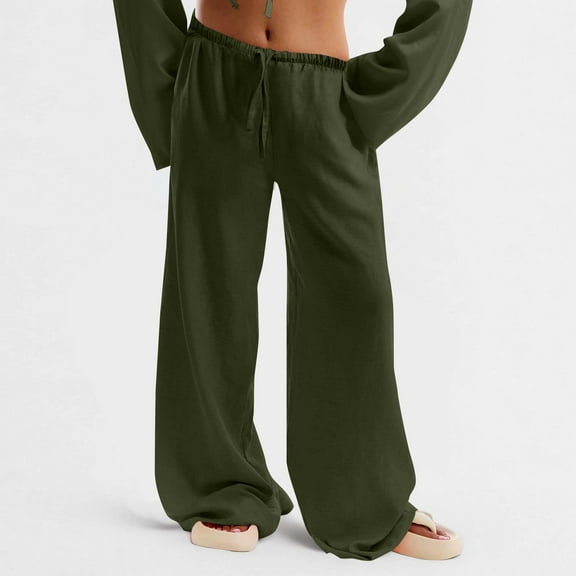 Qulqfy Lounge Women's Leisure Wide Leg Green Flowy Low Rise Solid Baggy Pants Women Trouser Pants L