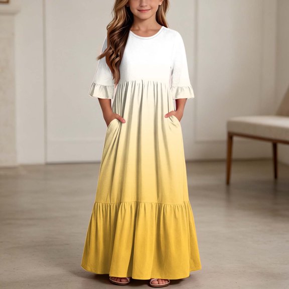 ersvoioy Girls Summer Party Dress Gradient Print Ruffle Cap Sleeve Round Neck A-Line Flowy Hem Sundress 4-14 Years