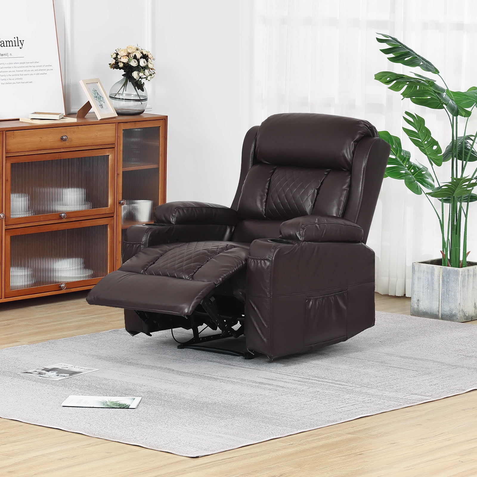 COSVALVE Electric Massage Heating Manual Recliner Chair Armchair Ergonomic Single Sofa with Remote Control, 2 Cup Holders (Brown)