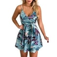 thumbnail image 1 of HKEJIAOI Robes de Sortie pour Femmes Cadeau d'Anniversaire Femmes Dames Col en V Sans Manches Ceinture Condole Imprimé Fleurs Robe Ligne A Bleue Réduction Liquidation, 1 of 5