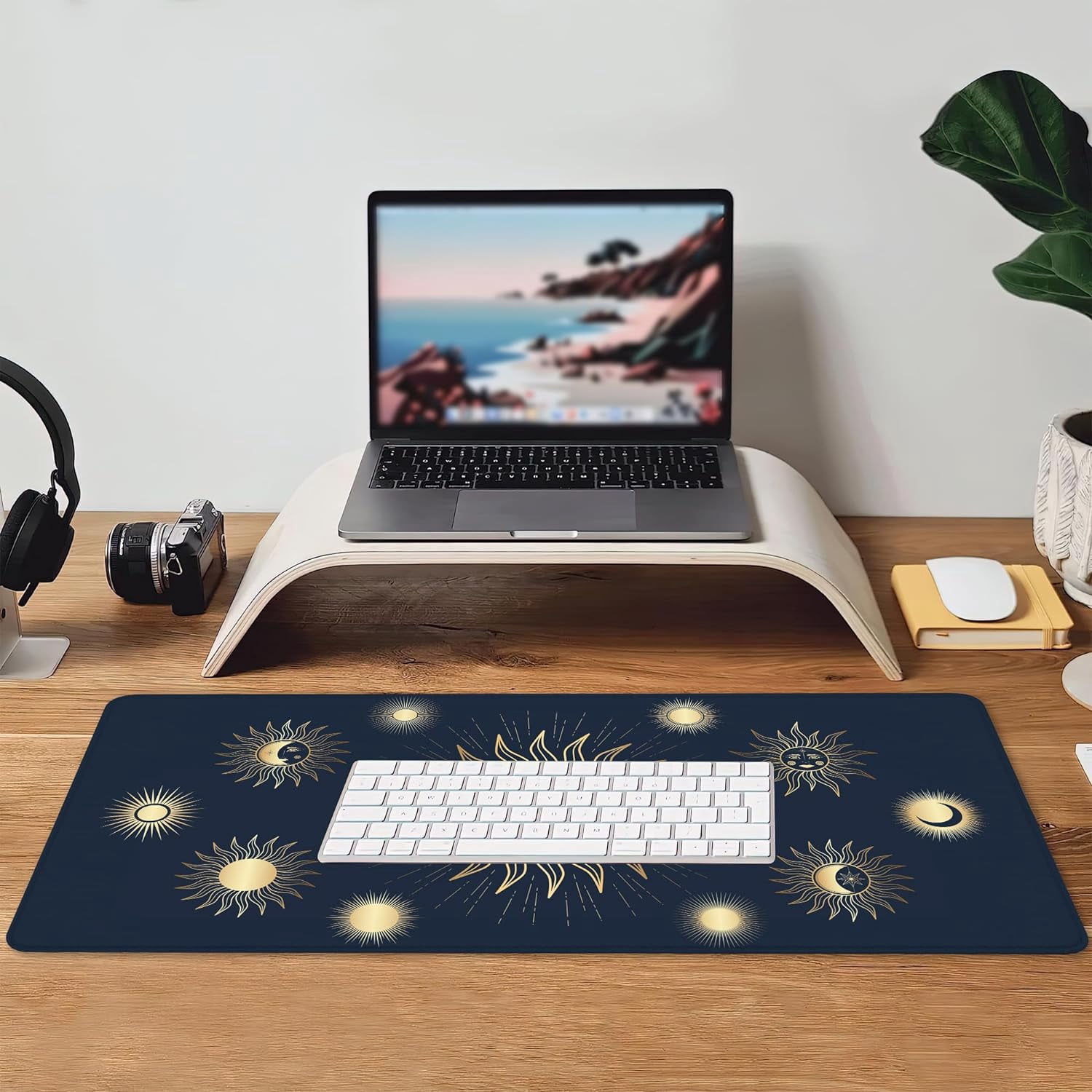 Gold Sun Star Moon Desk Mat,Large Gaming Mouse Pad,Non-Slip Rubber Base Mousepad with Stitched Edges,Waterproof Mouse Mat Desk Pad for Work, Game, Office (31.5x15.7 in)