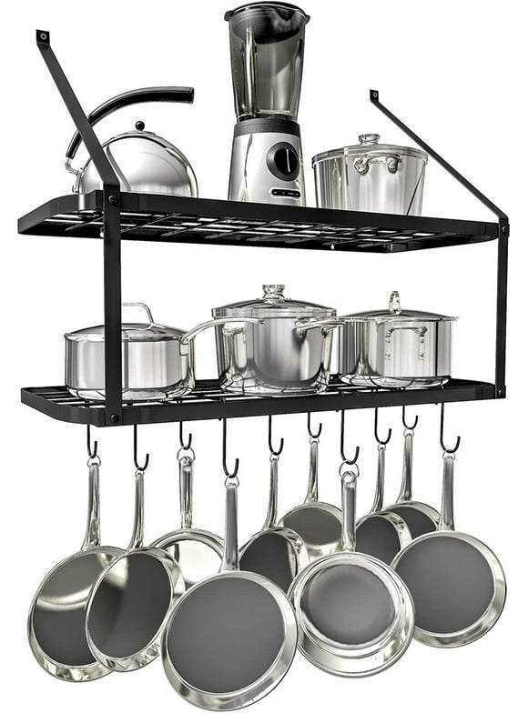 Nisorpa 29.5"L x 23.2"H Wall Mounted Pot Hanger, 2-Tier Kitchen Hanging Pot Rack with 10 Hooks, Black