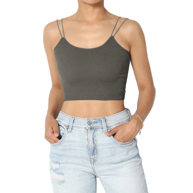 TheMogan Women's Solid Spaghetti Straps Ribbed Seamless Stretch Crop Cami Tank Top