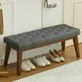 thumbnail image 6 of 43.5'' Faux Leather Bedroom Bench, Upholstered End of Bed Bench with Tufted Button, Padded Vintage Dining Bench, Entryway Bench with Solid Wood Legs, Kitchen, Living Room, Hallway, Dark Grey Tufted, 6 of 14