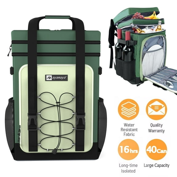 Large Waterproof Insulated Cooler Backpack, 40 Cans Double Deck Leak Proof Cooler Backpack with Padded Top Handle, Mesh Pocket for Camping BBQ Picnic, Green