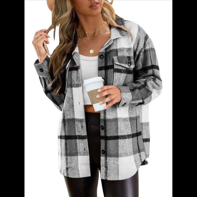 Ropa de Mujer para y Otoño, Elegante, de Larga, con Solapa, Holgada, A Cuadros, Chaqueta y Camisa de Franela con Botones. Gris L
