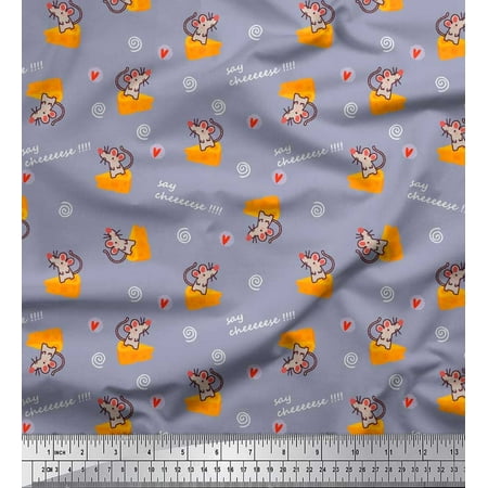 Soimoi Grey Cotton Poplin Fabric Cheese Slice & Rats Kids Print Fabric by the Yard 42 Inch Wide