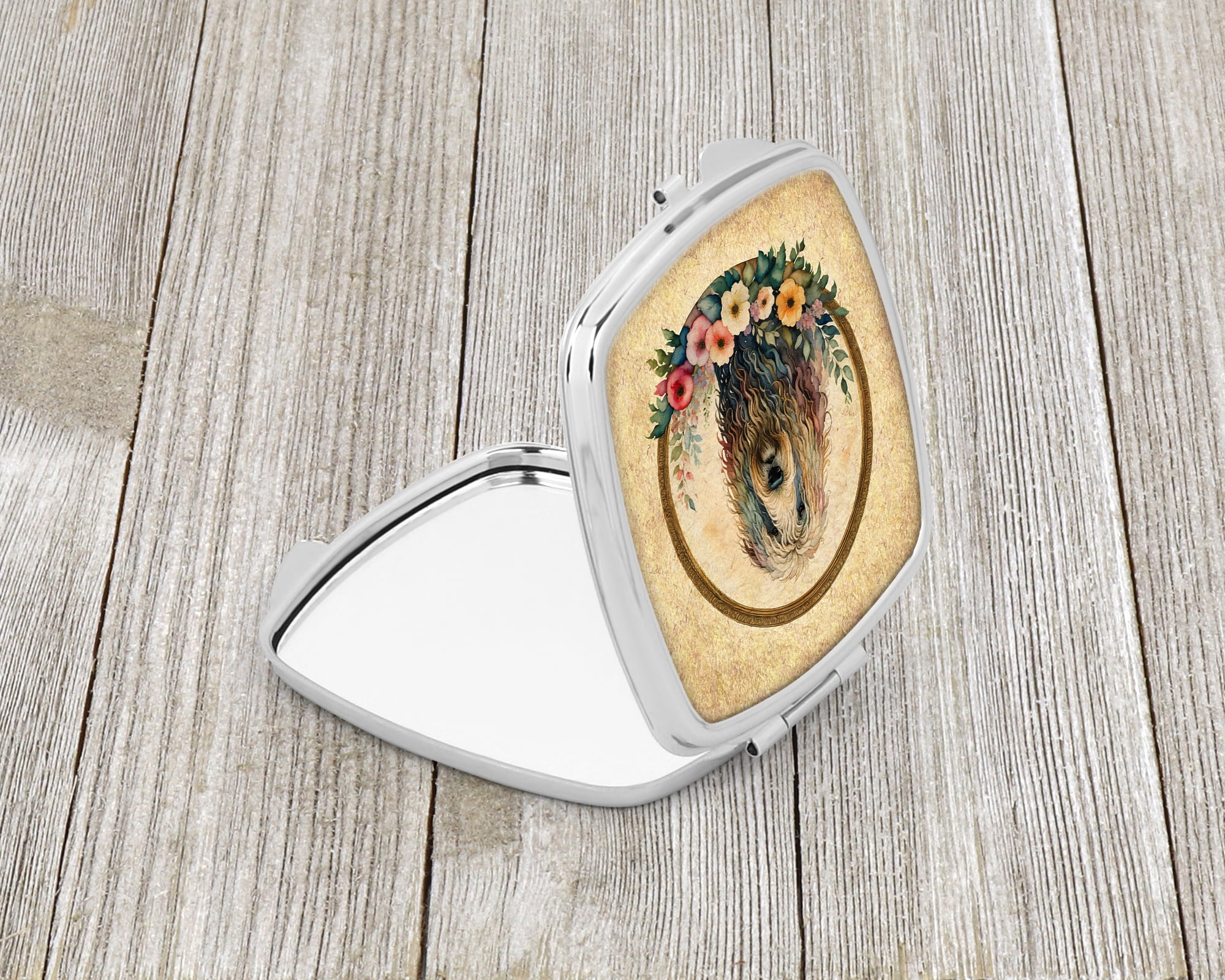 Komondor and Flowers Compact Mirror 2.75 in x 3 in