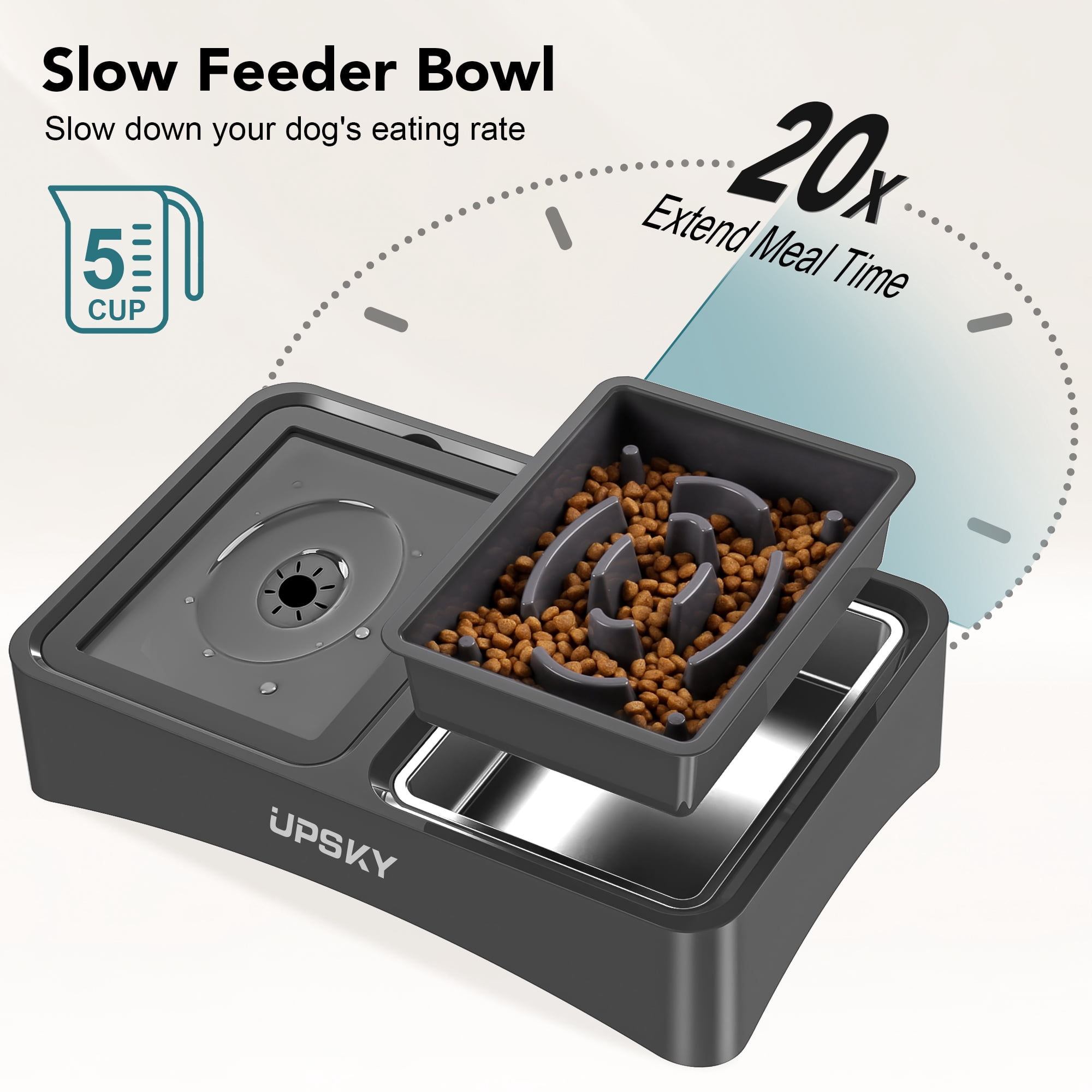 UPSKY 3-in-1 Elevated Dog Bowls Slow Feeder, 4 Height Adjustable Raised Dog Bowl Stand No Spill Dog Water Bowl Dispenser, Stainless Steel Dog Food Bowl and Water Bowl for Small Medium Dogs