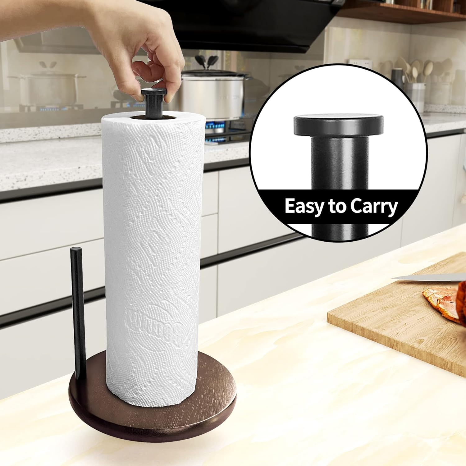 Wood Paper Towel Holder Countertop, , Farmhouse Kitchen Paper Towel Holders Stand with Real Wooden Base, fits Standard and Jumbo Size Paper Towels (Dark Brown)