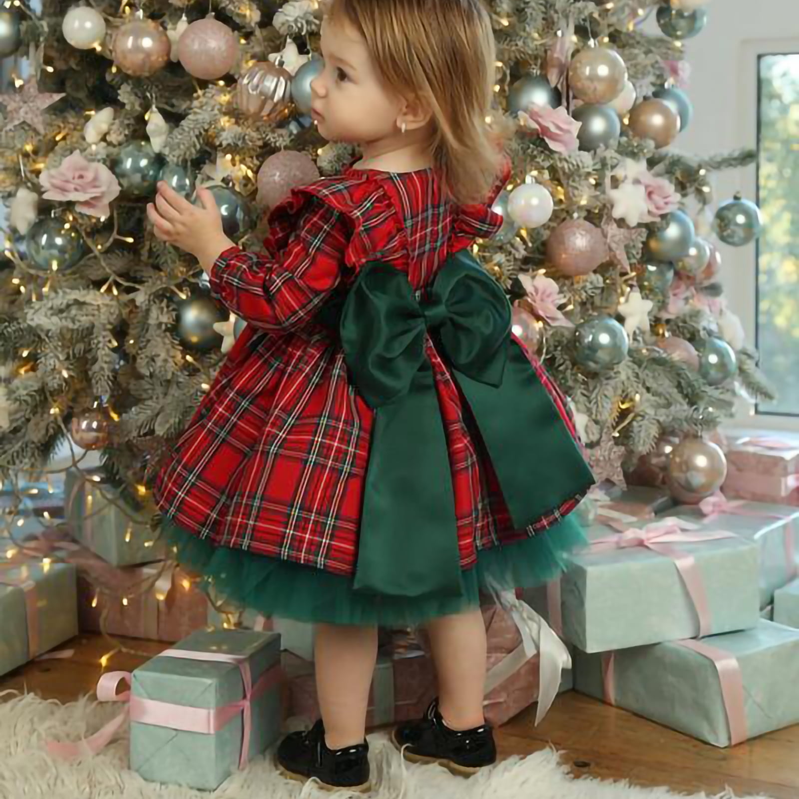Christmas Dresses for Girls Long Sleeve Bowknot Princess Christmas Costumes for Toddler Girls