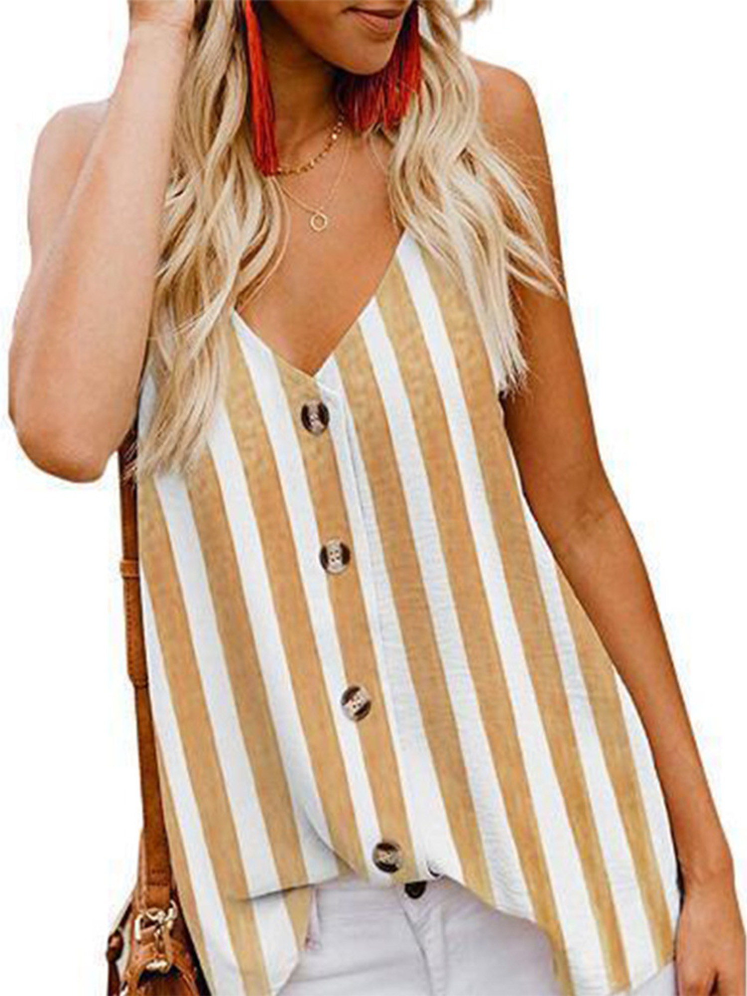 Summer VNeck Flowy Tank Tops Women Button Camis Sleeveless Undershirt