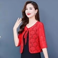 thumbnail image 5 of Women Fall Spring Coat Lace-up Floral Embroidery Solid Color Shawl Three Quarter Sleeves Loose Hollow Out Lace Round Neck Short Type Sun Protection Jacket, 5 of 8