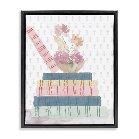 Stupell Industries Pastel Flowers And Books Black Framed Floater Canvas Wall Art, design by Lucille Price