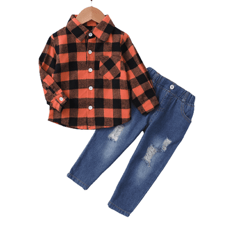 

Kucnuzki 18 Months Infant Boy Fall-Winter Outfits Pants Sets 24 Months Long Sleeve Gentle Stylish Checked Prints Laoel Tops Elastic Denim Jeans 2PCS Set Orange