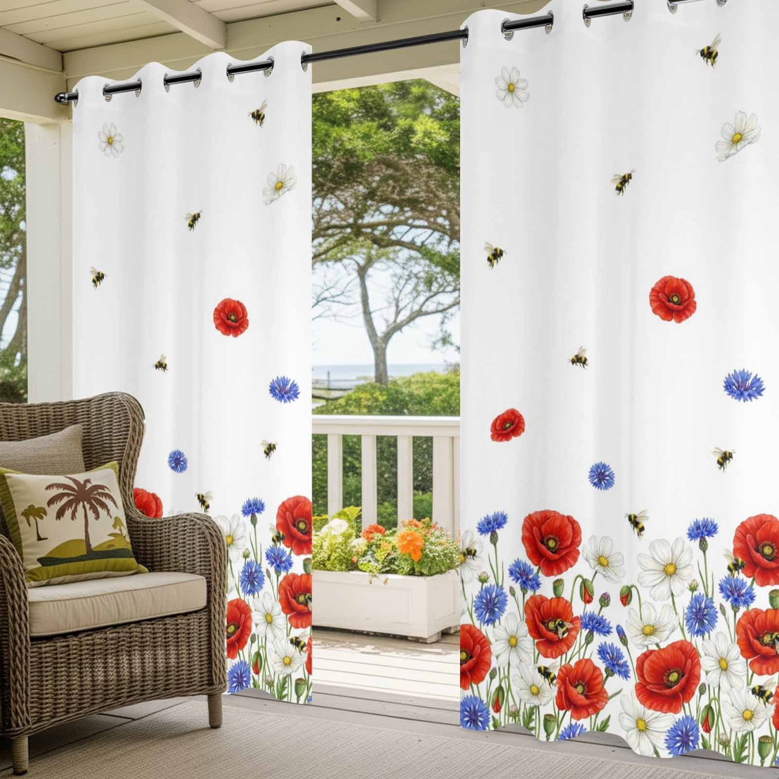 Independence Day Outdoor Curtains for Patio, Watercolor Red Blue White Daisy Cute Bee Sunshade Privacy Drapes Grommet Waterproof Outside Curtains for Porch/Cabana/Balcony 54"x 108", 1 Panel
