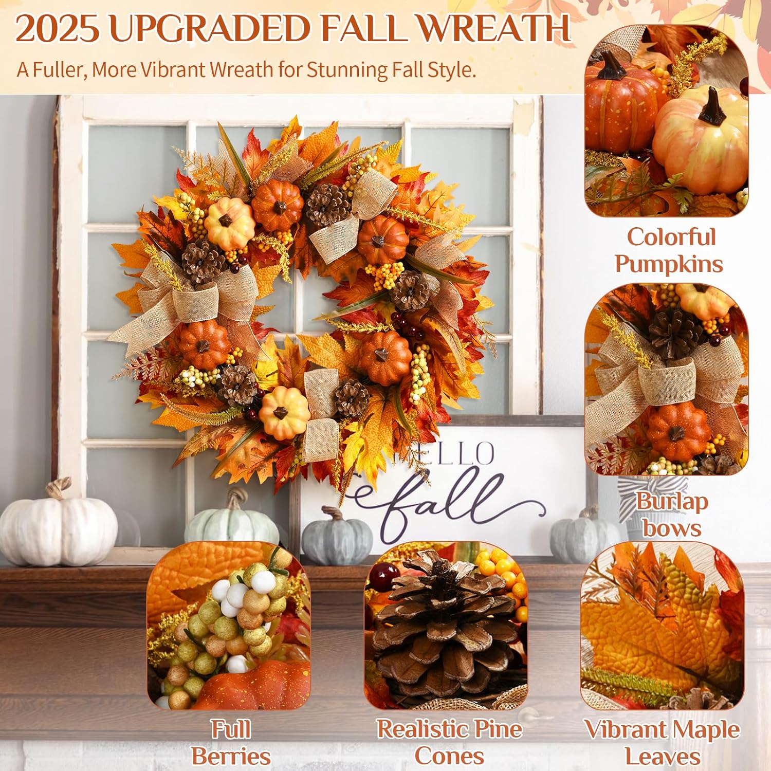 Waipfaru 20-Inch Lighted Fall Wreath with Maple Leaves photo 4