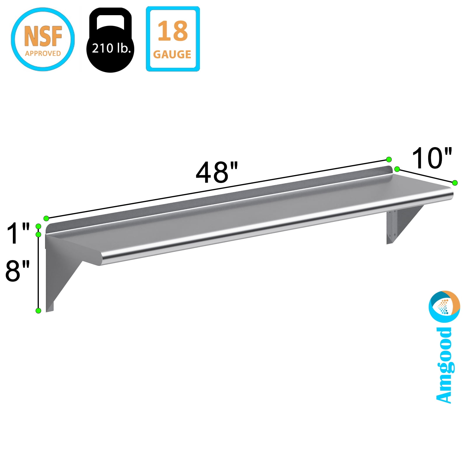 AmGood 10 in. x 48 in. Stainless Steel Wall Shelf | NSF Certified | Appliance & Equipment Metal Shelving | Kitchen, Restaurant, Garage, Laundry, Utility Room
