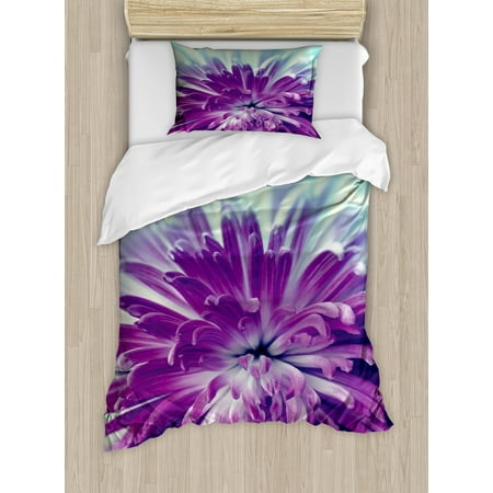 Champagne Colored Bedding Dahlia Duvet Cover Set, Violet Colored Blooming Dahlia Close-Up with Petals in Pale Sunshine Floral, Decorative Bedding Set with Pillow Shams, Purple Mint Green, by Ambesonne ()