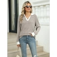 thumbnail image 3 of Women'S V Neck Sweaters Pullover Color Block Collar Long Sleeves Loose Fit Casaul Tunic Tops Shirts Khaki M, 3 of 8