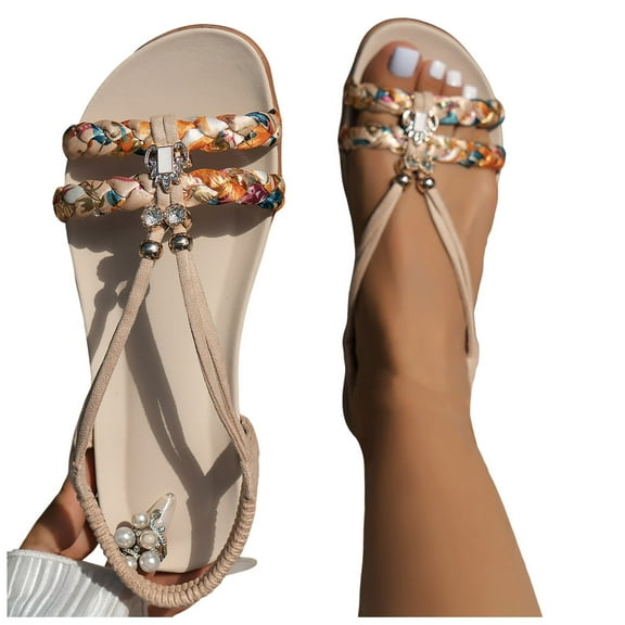 Dakaela Womens Sandals Bohemian Dressy Summer Flats Elastic Ankle Strap Walking Beach Shoes Khaki 6