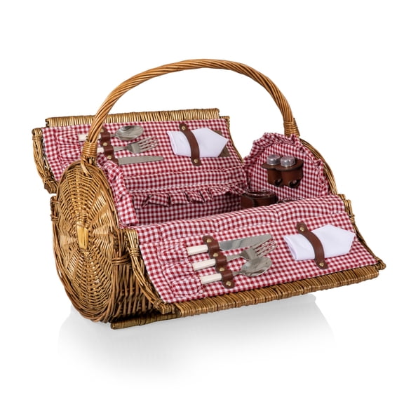Picnic Time Barrel Wicker Picnic Basket for 2, Red & White Gingham Pattern